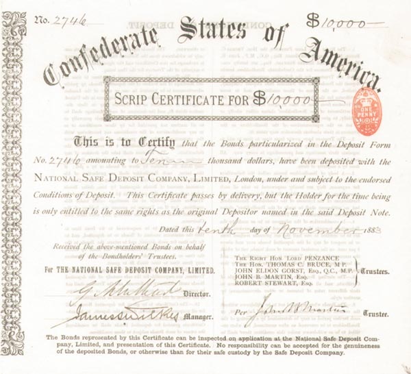 Post Civil War dated $10,000 Scrip Certificate - Confederate States of America